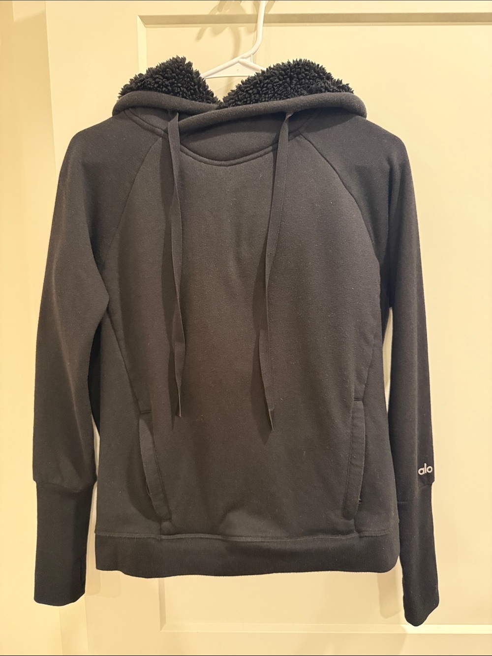 ALO Yoga Women's Black Crewneck Hoodie with Sherpa Lined Hood